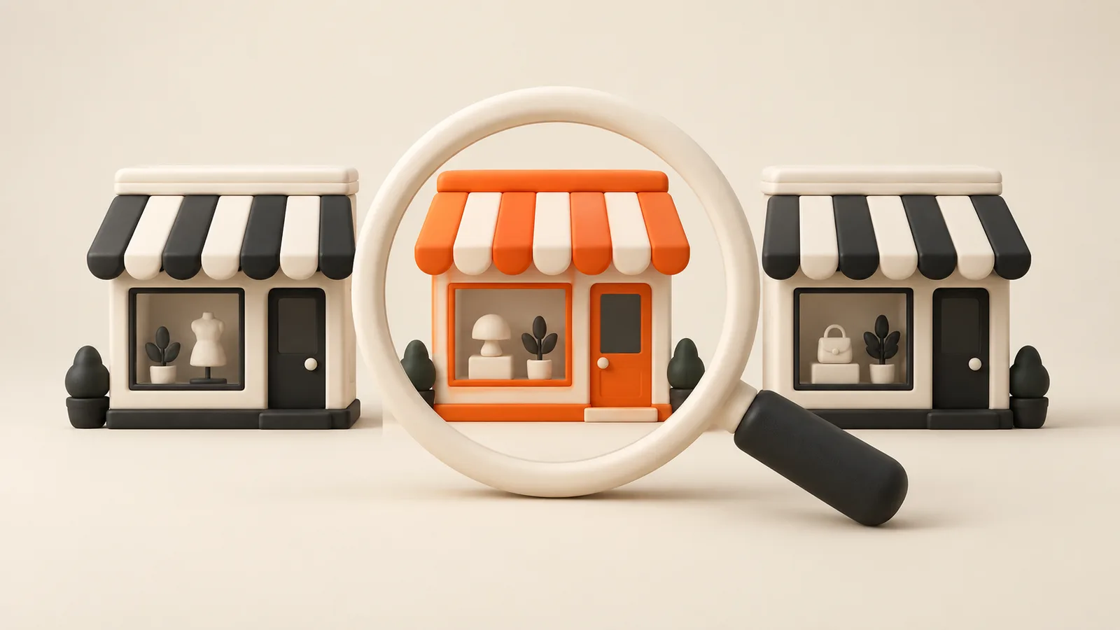 Lupa de arcilla frente a tres vidrieras en miniatura, con la tienda central destacada en naranja.