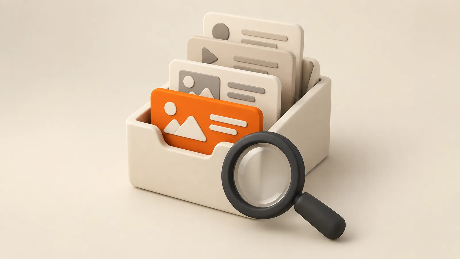 Fichero de arcilla con tarjetas de anuncios abstractos y una lupa delante.
