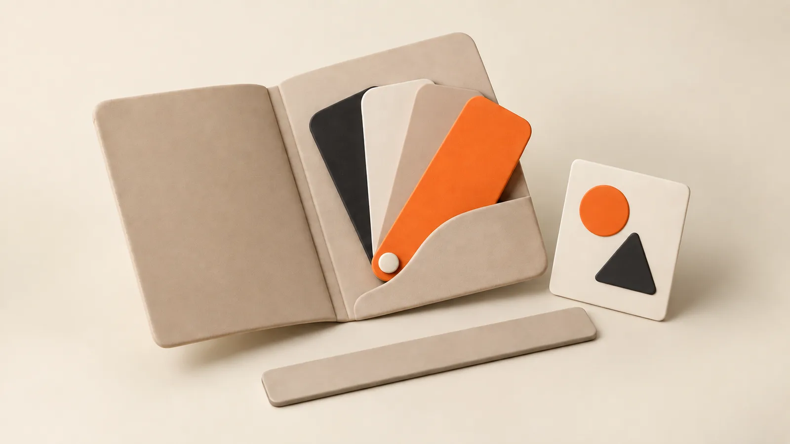 Carpeta de arcilla abierta con muestras de color, una regla lisa y una tarjeta geométrica.