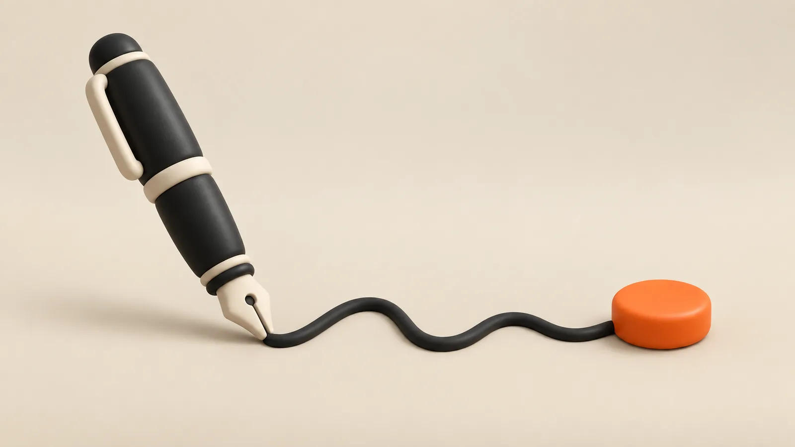 Pluma estilográfica de arcilla que traza una línea ondulada hasta un botón naranja sin texto.