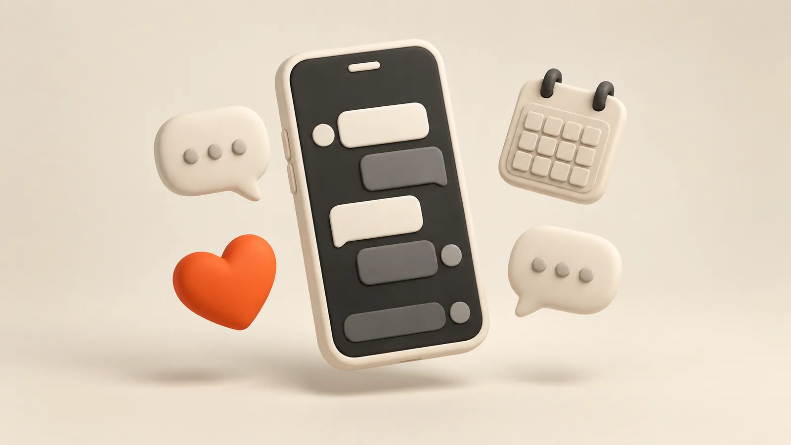 Celular de arcilla con mensajes, un corazón naranja y un calendario flotando alrededor.