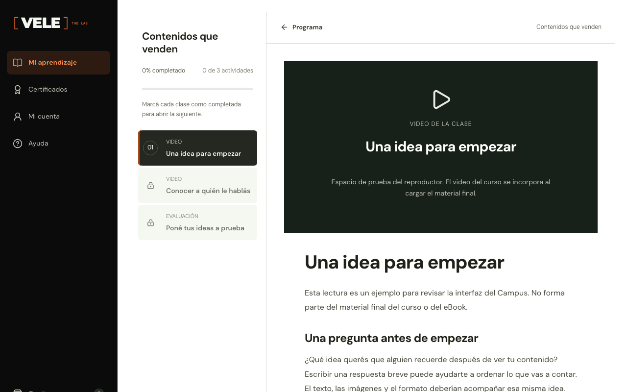 Clases grabadas: captura de la interfaz del Campus de VELE con contenido ilustrativo